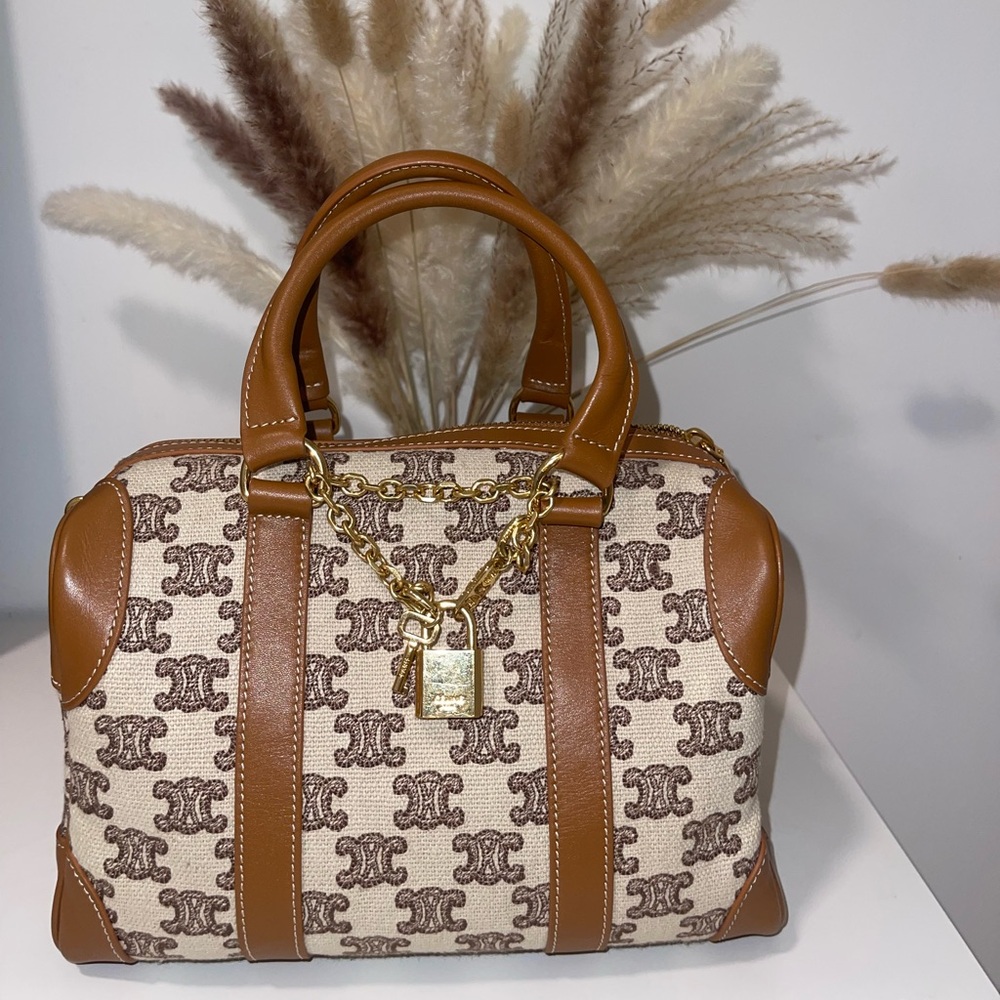 Authentic Celine Triomphe Boston Bag Brown Canvas Leather, natural and brown